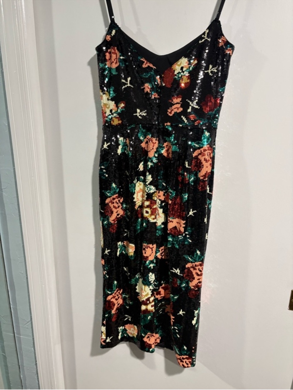 Sequin Floral Midi Slip Dress in Black and Green - Picture 4 of 5